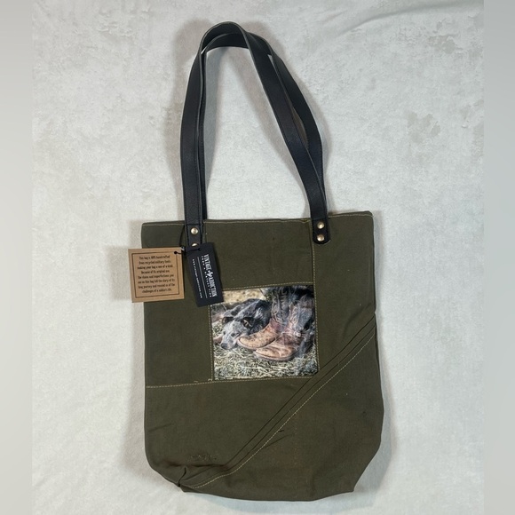 NWT Vintage Addiction Crossbody Bag Tote Cowboy Boots Dog ecycled Military Tent - Picture 1 of 11